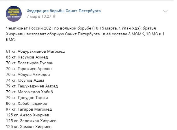 Состав сборной Санкт-Петербурга на Чемпионате России по вольной борьбе'2021.