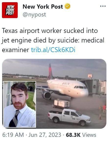 Сотрудник аэропорта в Техасе покончил жизнь самоубийством, прыгнув в двигатель самолета