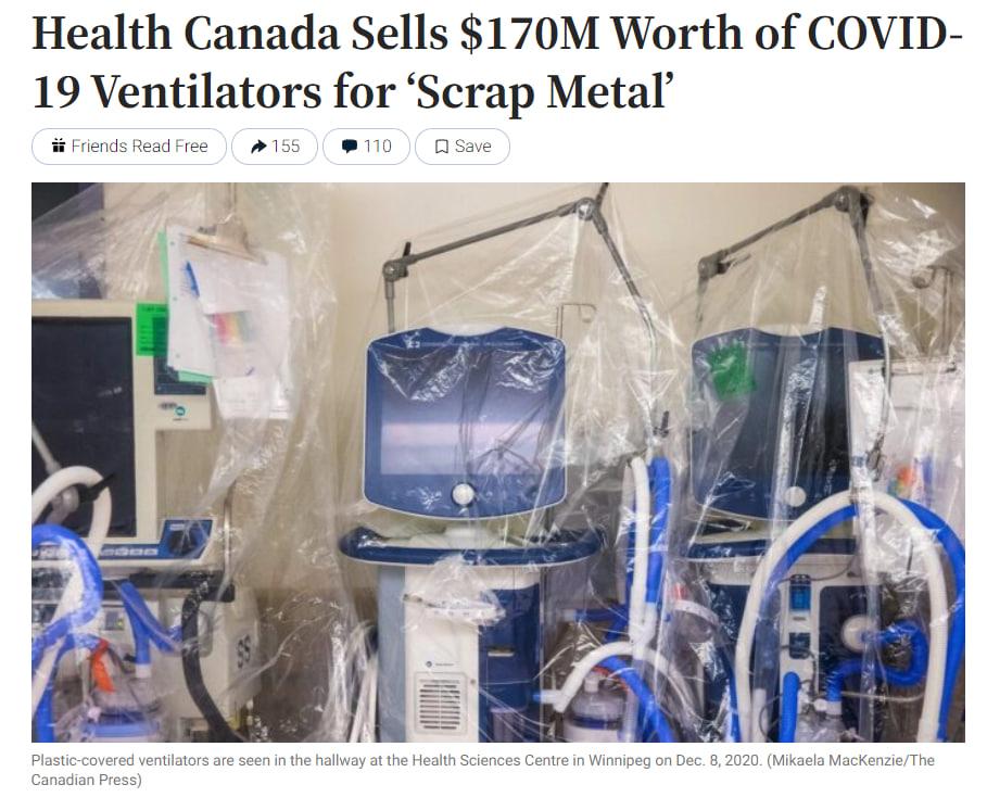 Канада продала на металлолом тысячи новых аппаратов ИВЛ, купленных во время пандемии